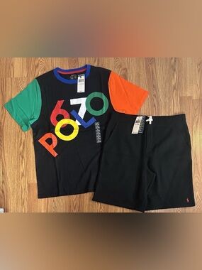 Polo Ralph Lauren Boy’s Logo Color blocked Cotton Jersey Tee + Black Shorts, XL